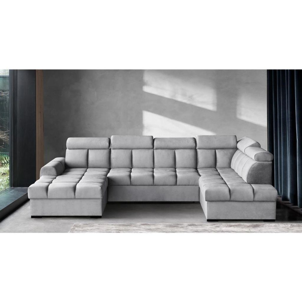 Ecksofa Gomez U-Form rechts mit Schlaffunktion und 2x Bettkasten, Polsterecke in Veloursstoff Hellgrau