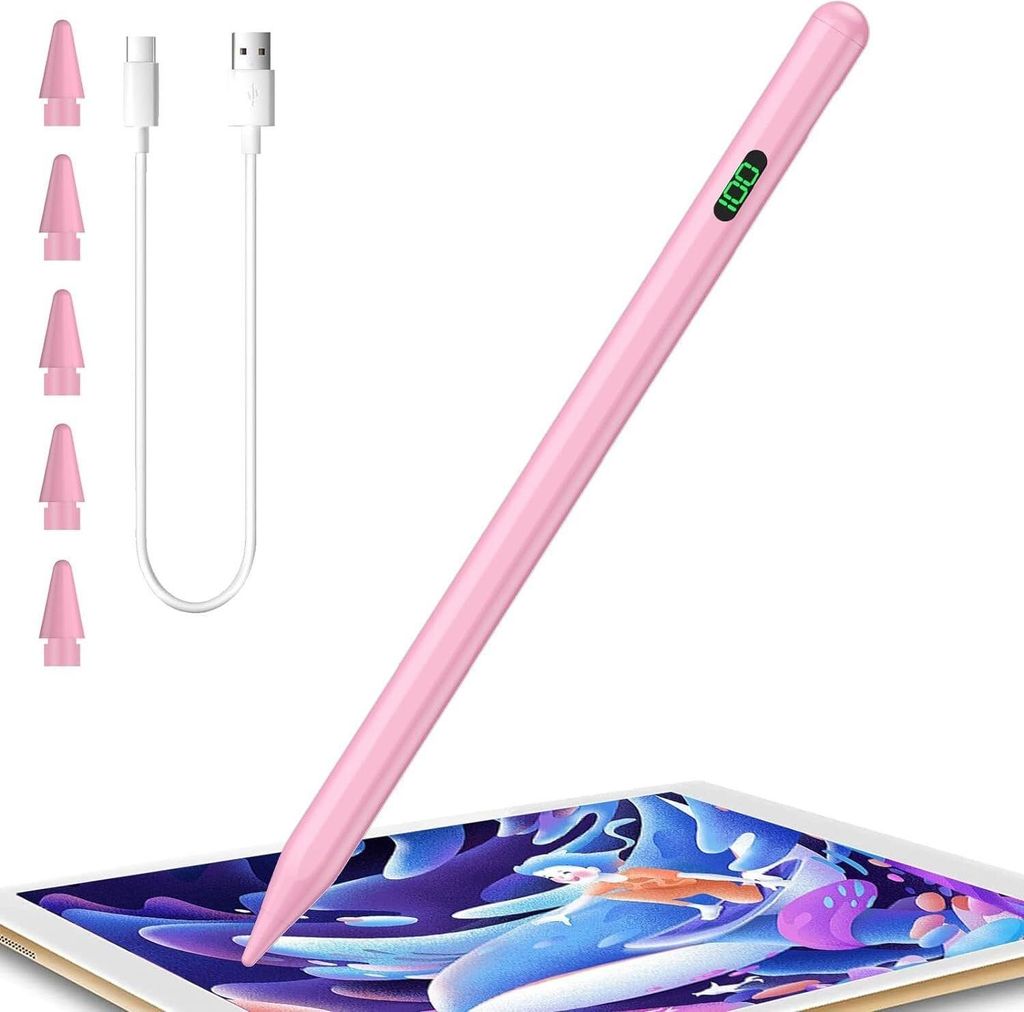 Eingabestift iPad, Active Stylus Pen - Handfläschenerkennung mit 5 Ersatzspitzen Batterieanzeige, Magnetbefestigung, Neigungsempfindlichkeit mit p...