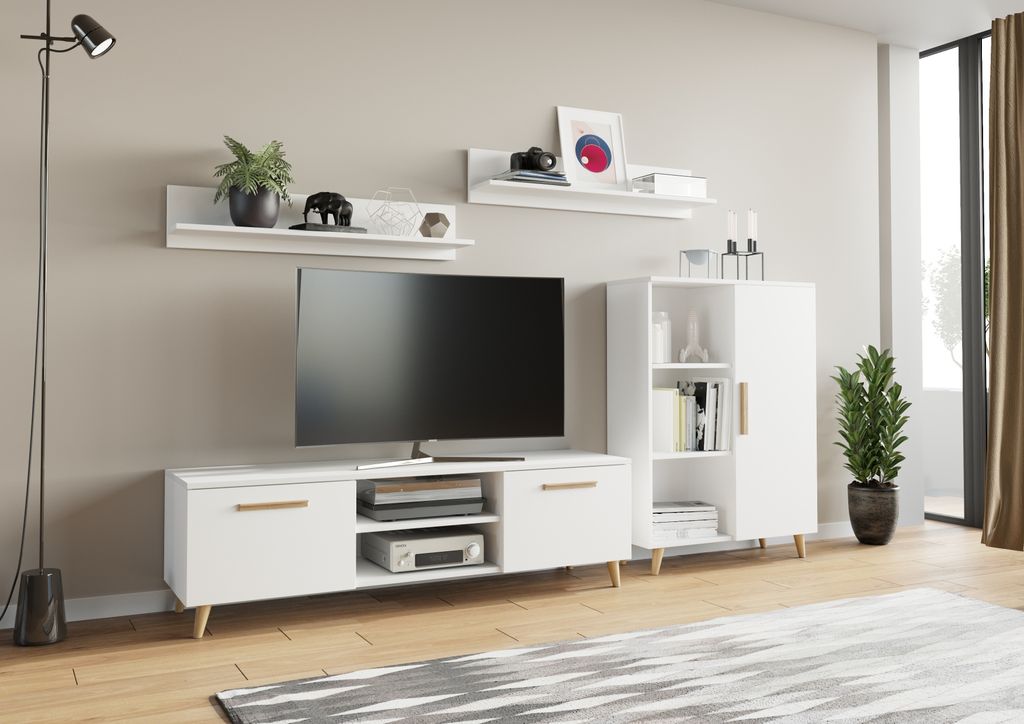 Wohnwand Oslo Per La Vita Weiß, Schrankwand Wohnzimmer Modern, Wohnzimmerschrank mit Hängeschrank, Sideboard und Wandregal, Wohnzimmer