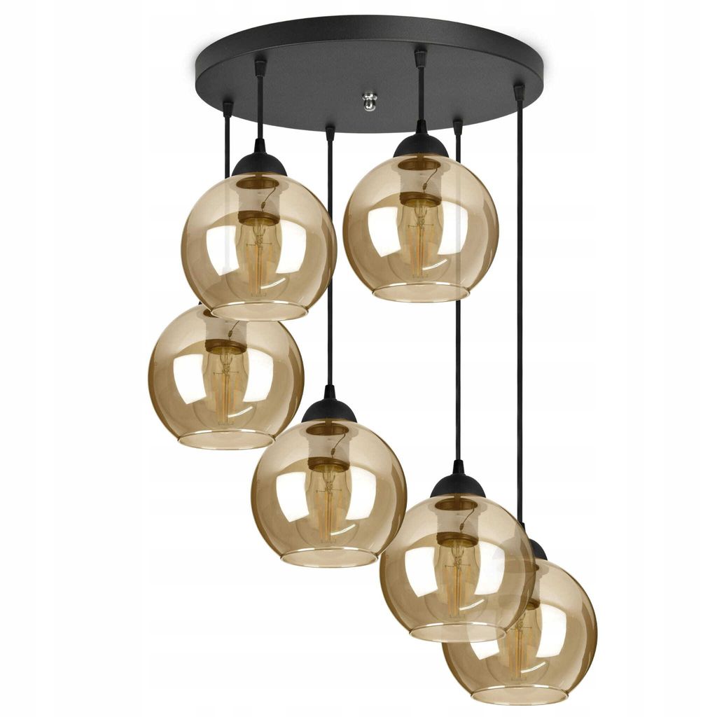 LUXOLAR Led Pendelleuchte 6 flammig, Deckenlampe Schwarz E27 60W - Hängelampe für Wohnzimmer, Küchen - Honig farbe Glas