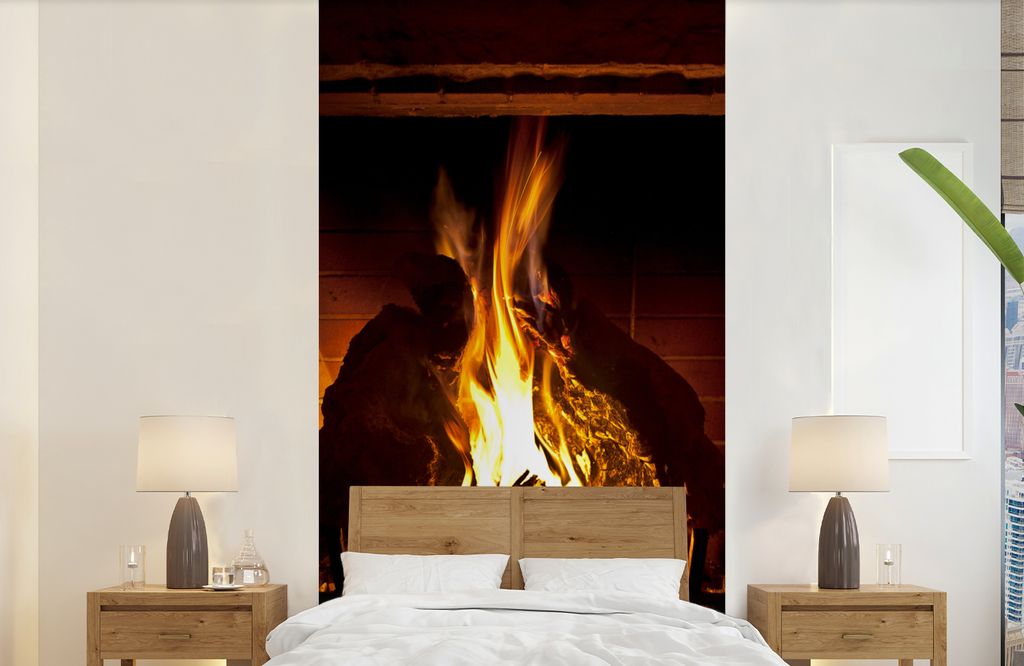 MuchoWow Fototapete für Wohnzimmer oder Schlafzimmer Wandtapete Vinyl Motivtapete Kamin mit hohen Flammen - 120x240 cm - Hintergrundbild