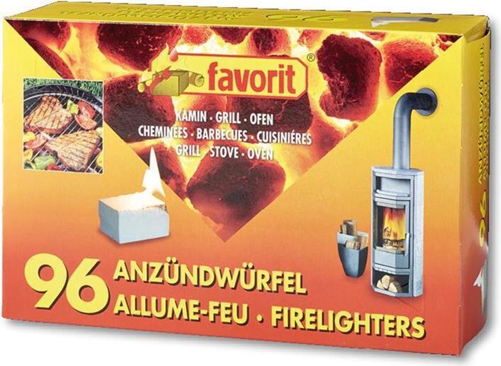 A cardboard box containing firelighters, with images of food on a grill and a stove.