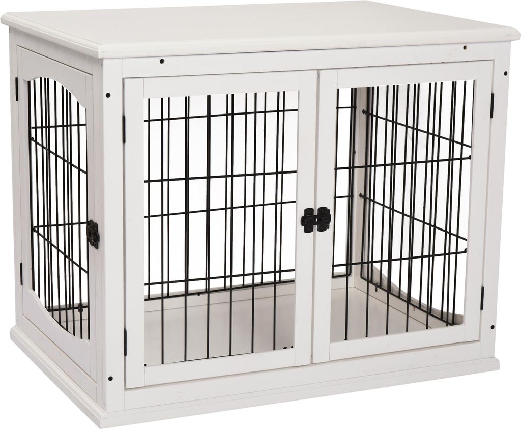 Transportbox für Hunde, 58,5 × 81 × 66 cm, Türen aus MDF-Holz und Eisen, Weiß