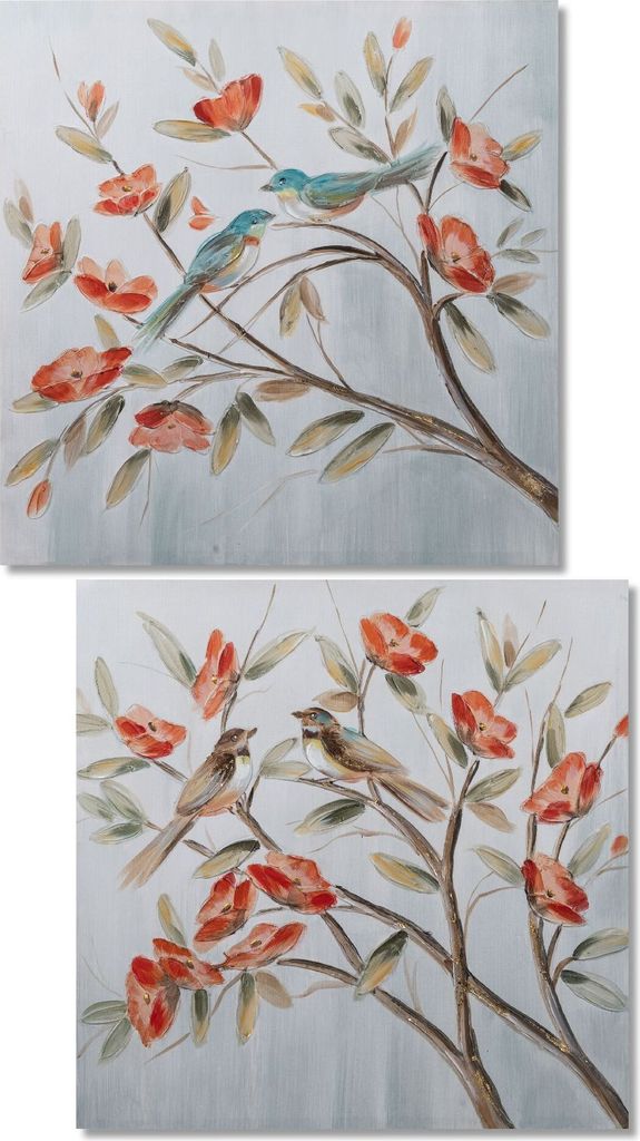 2er Set Wandbilder auf Leinwand Vogel mit Blumen 60x60cm Formano WA
