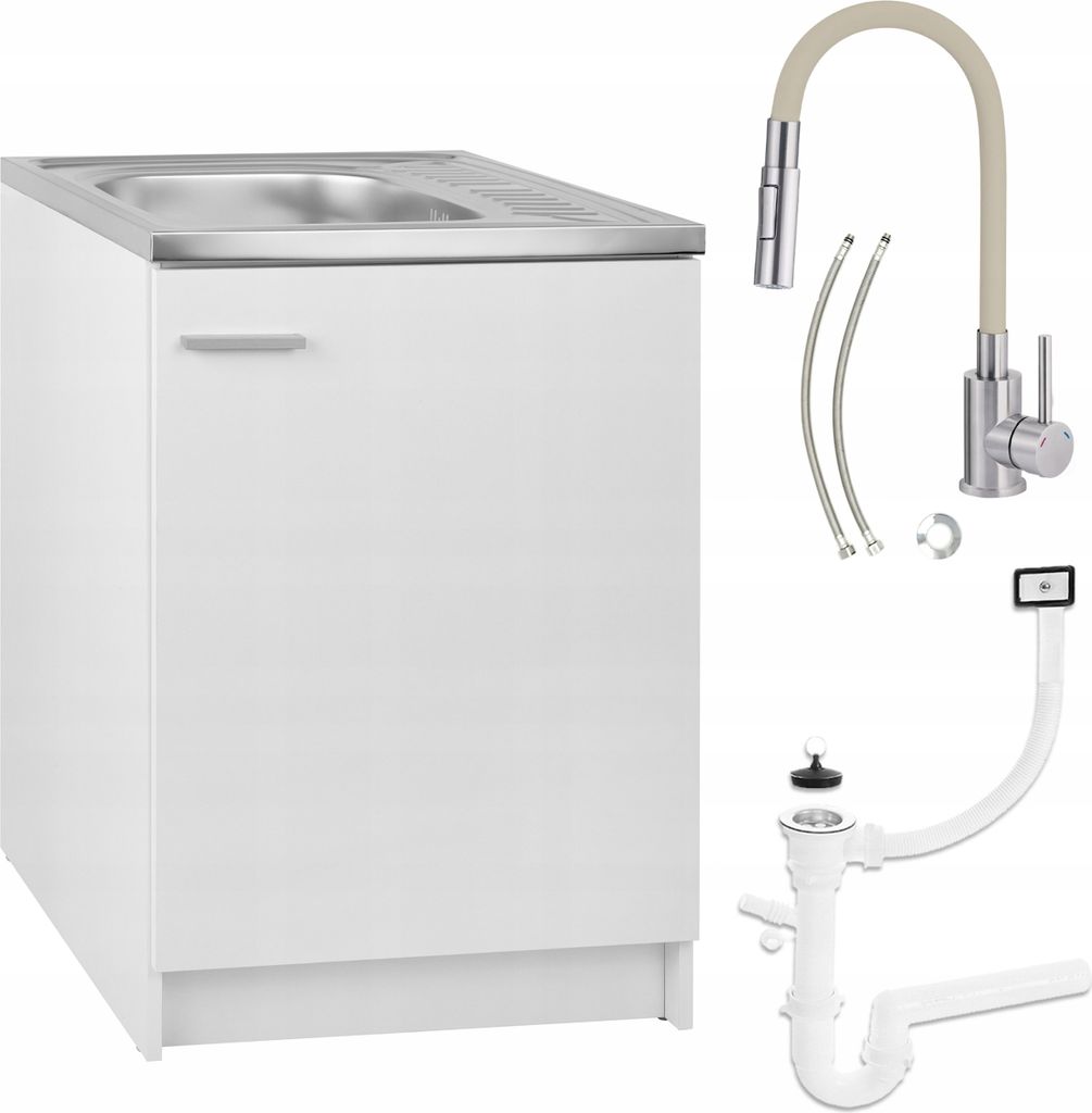 Küchenunterschrank Weiß 60x60 mit Edelstahl Spüle Küchenarmatur Deante Beige Ausziehbar 2-Funktion Geschirrspüler-Siphon