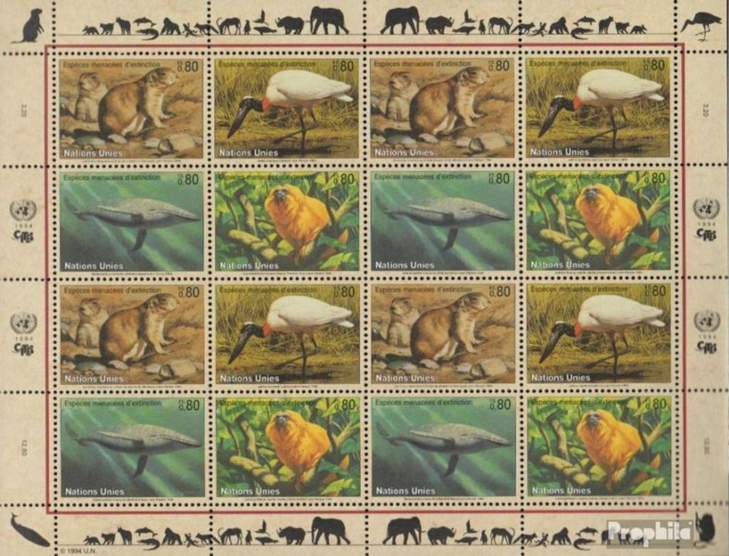 Briefmarken UNO - Genf 1994 Mi 245-248 Kleinbogen (kompl.Ausg.) postfrisch Gefährdete Tiere