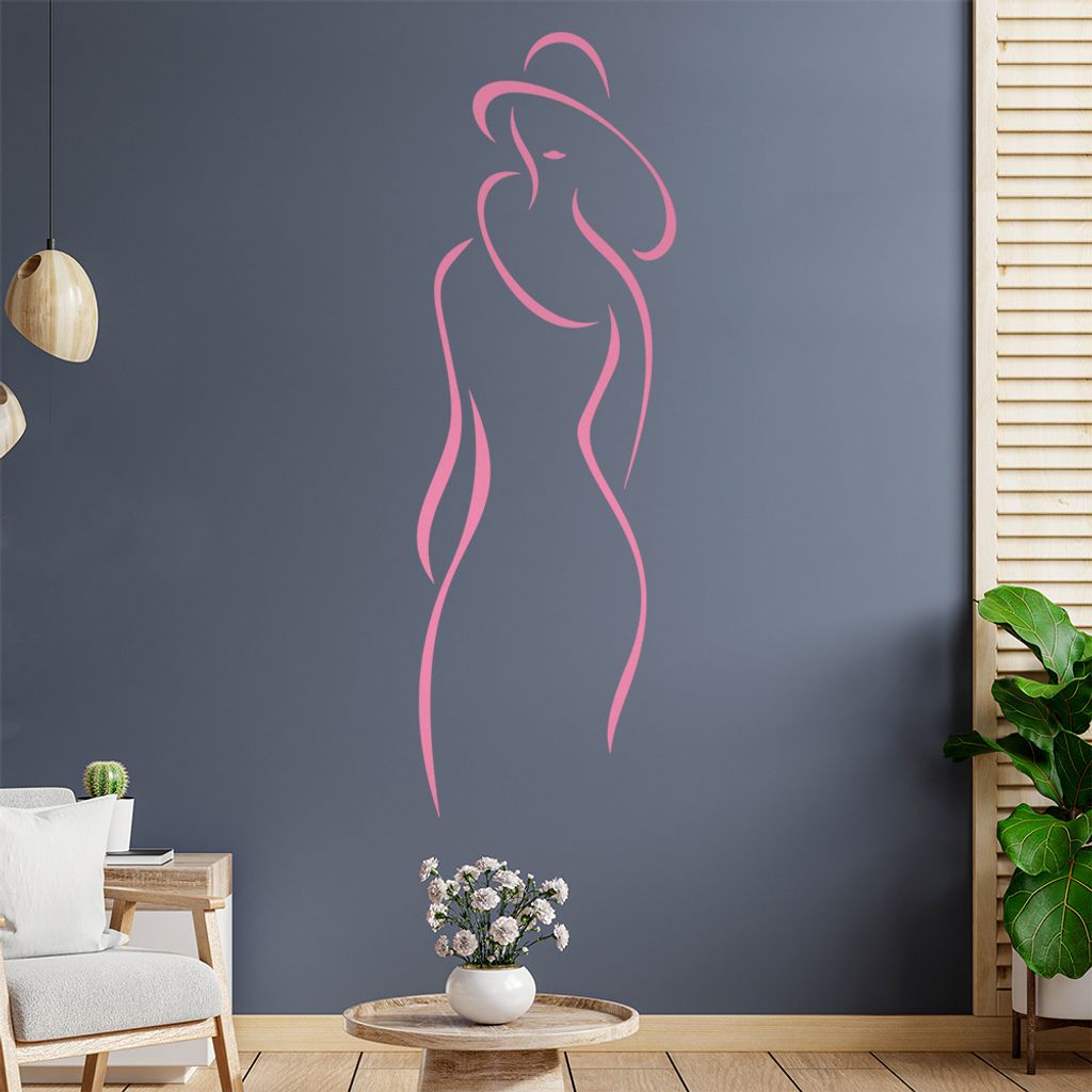 Dame mit Hut - Linien Wandtattoo in 6 Größen - Wandaufkleber Wall Sticker - Dekoration, Küche, Wohnzimmer, Schlafzimmer, Badezimmer