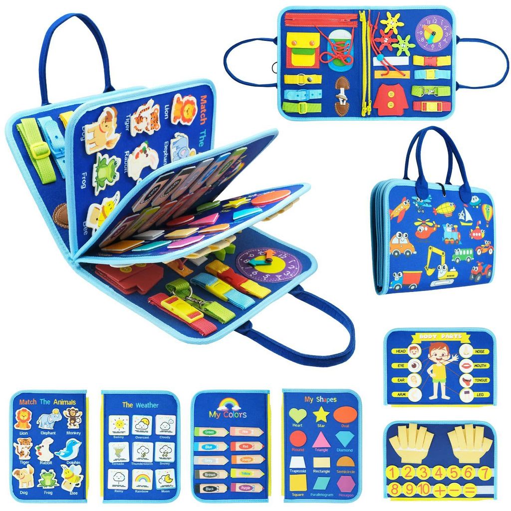 Lernspielzeug Filz Busy Board für Kinder, Motorikbrett, multifunktional, Reise-Spielzeug, Blaues Auto