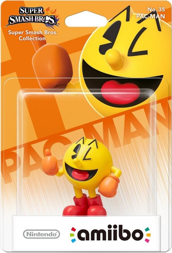 The image shows a packaged Nintendo amiibo figure of Pac-Man, with the game's branding and the amiibo logo visible.