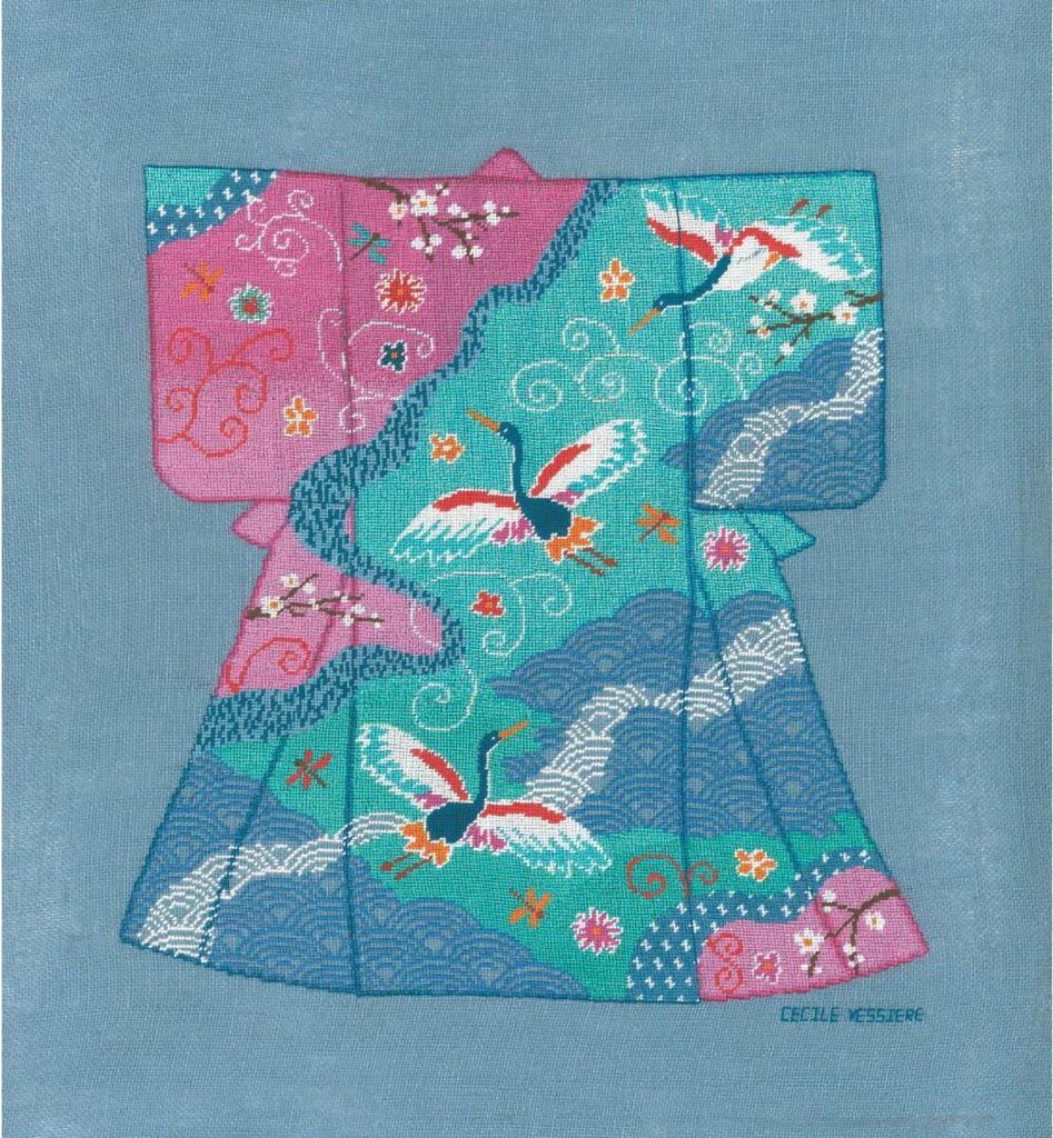 Le Bonheur des Dames Petit Point Stickpackung "Kimono-Reiher I", Zählmuster, 20,5x23cm