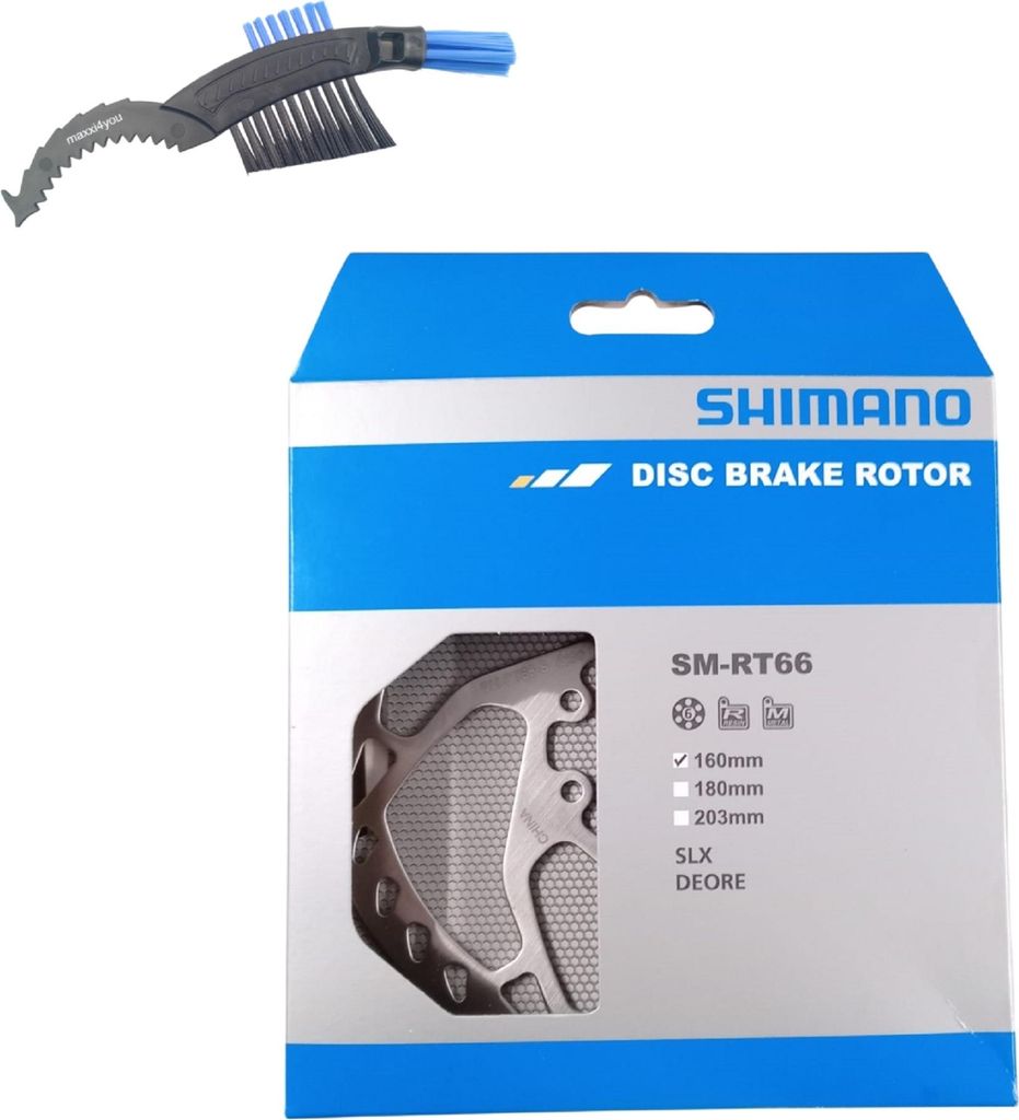 Shimano Fahrrad Bremsscheibe SM-RT66 160mm in Silber inkl. maxxi4you Fahrrad Kettenbürste