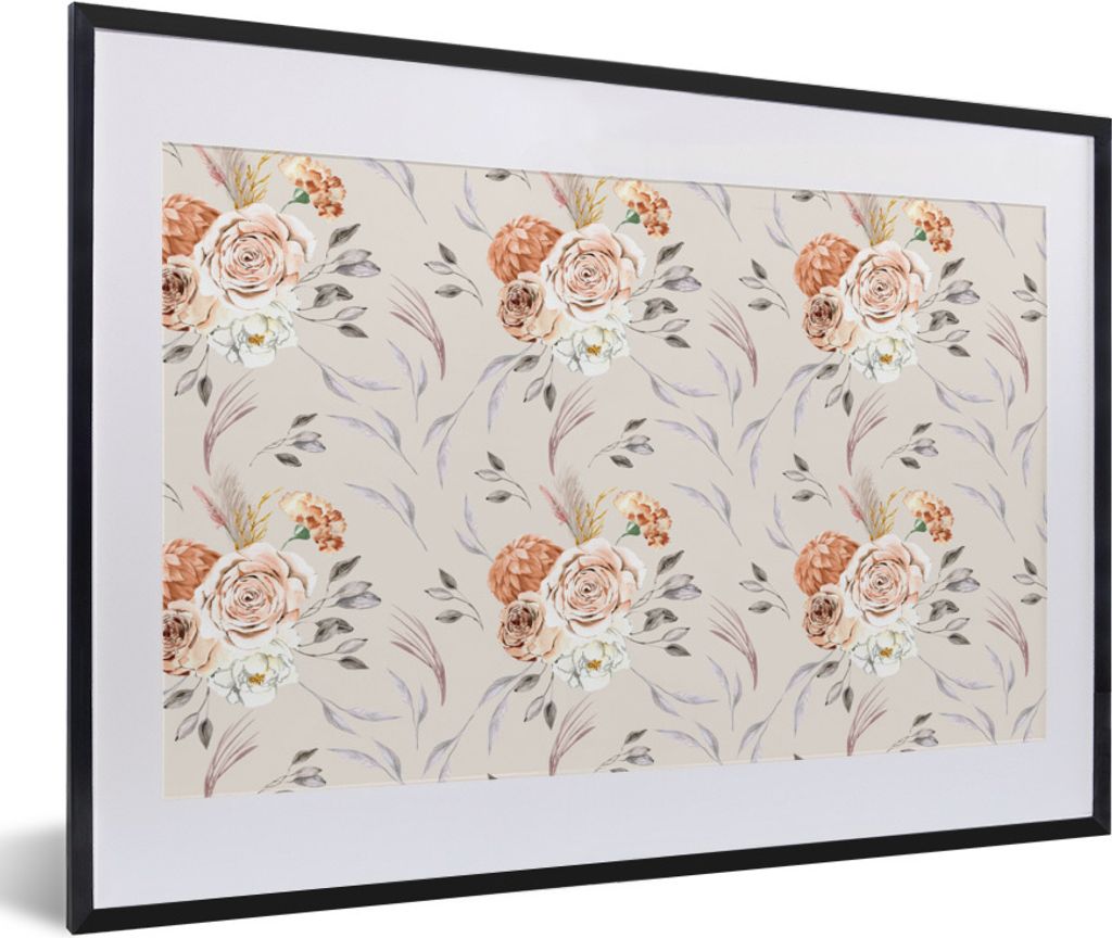 MuchoWow Gerahmtes Poster Rosen - Blätter - Muster 60x40 cm - Poster mit Schwarzem Bilderrahmen Wandposter Rahmen Foto Bilder - Schlafzimmer - P...