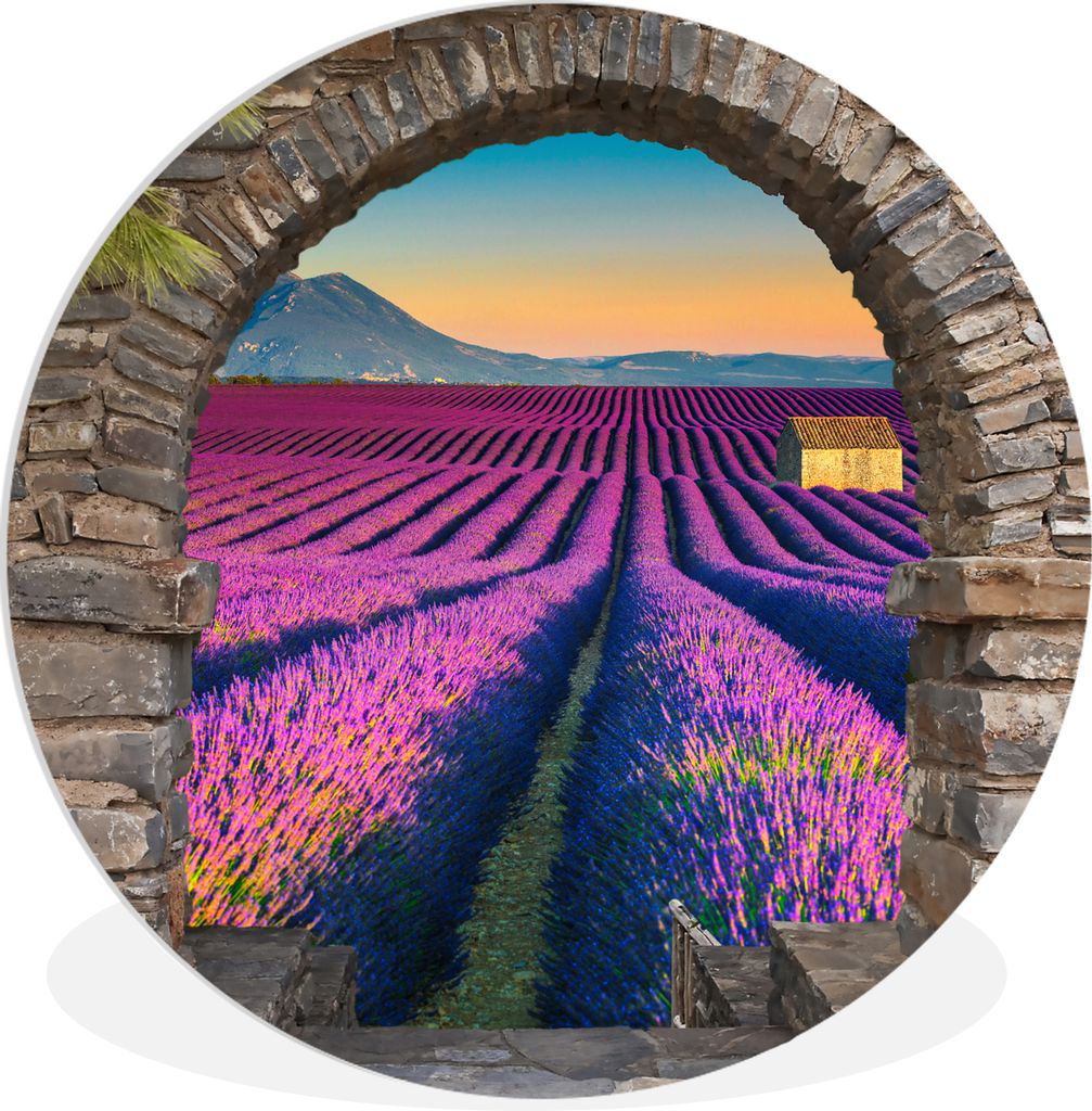 MuchoWow Rundes Wandbild - Runde Bilder Lavendel - Abend - Ausblick - Blumen Ø 90 cm Kreis Wanddekoration Kunststoff - Wandkreis - Wandschmuck -...