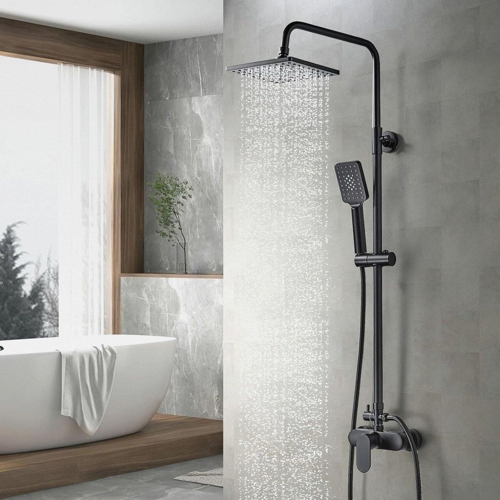 Duschsystem mit Duscharmatur Schwarz, Regendusche Höhenverstellbar, Duschamaturenset inkl Mischbatterie Dusche, Kopfbrause, Handbrause, Brausestan...