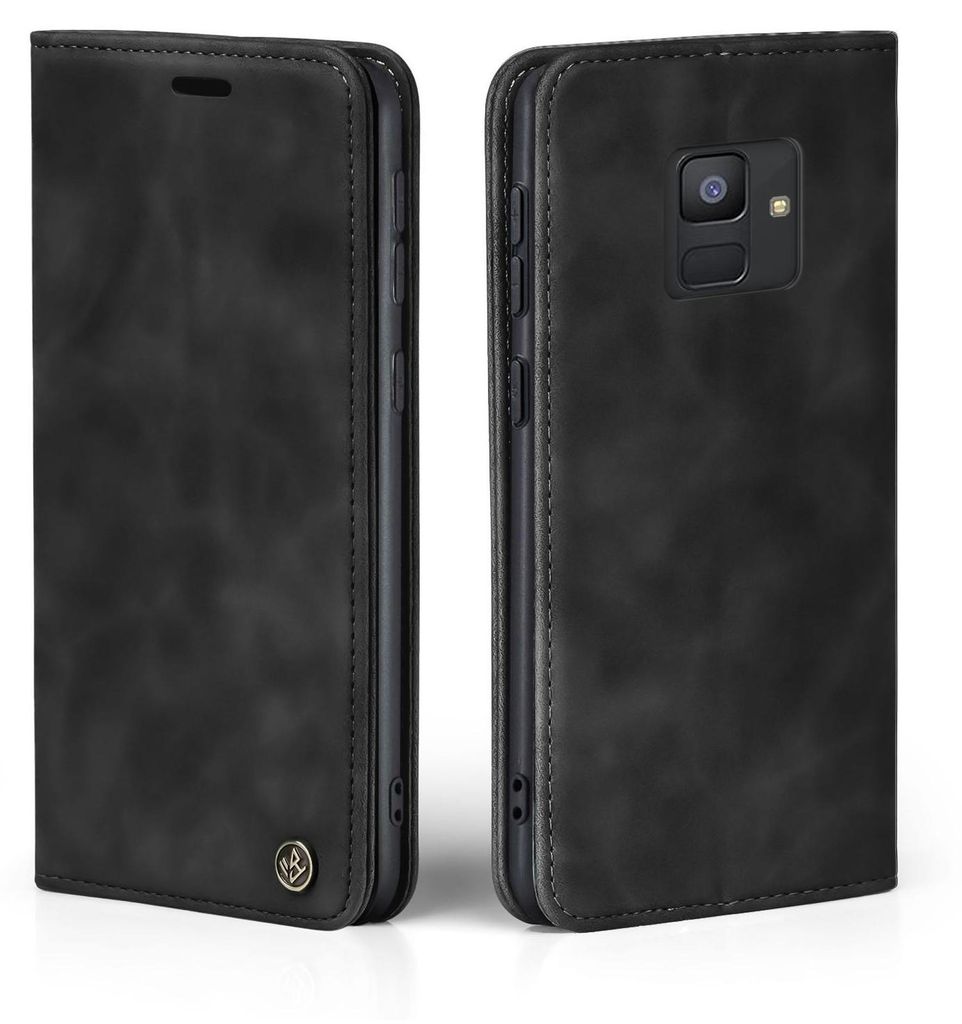 A black flip case for a smartphone is shown from two angles.