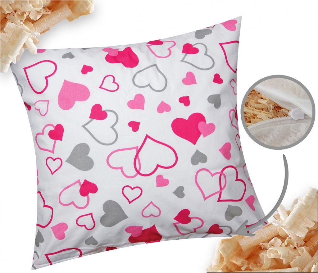 Zirbenkissen 40x40cm - Gefüllt mit Zirben - Kleine und große Herzen - Duftkissen mit Zirbenflocken/Zirbenspäne, Reißverschluss (Zirbe-550/1)