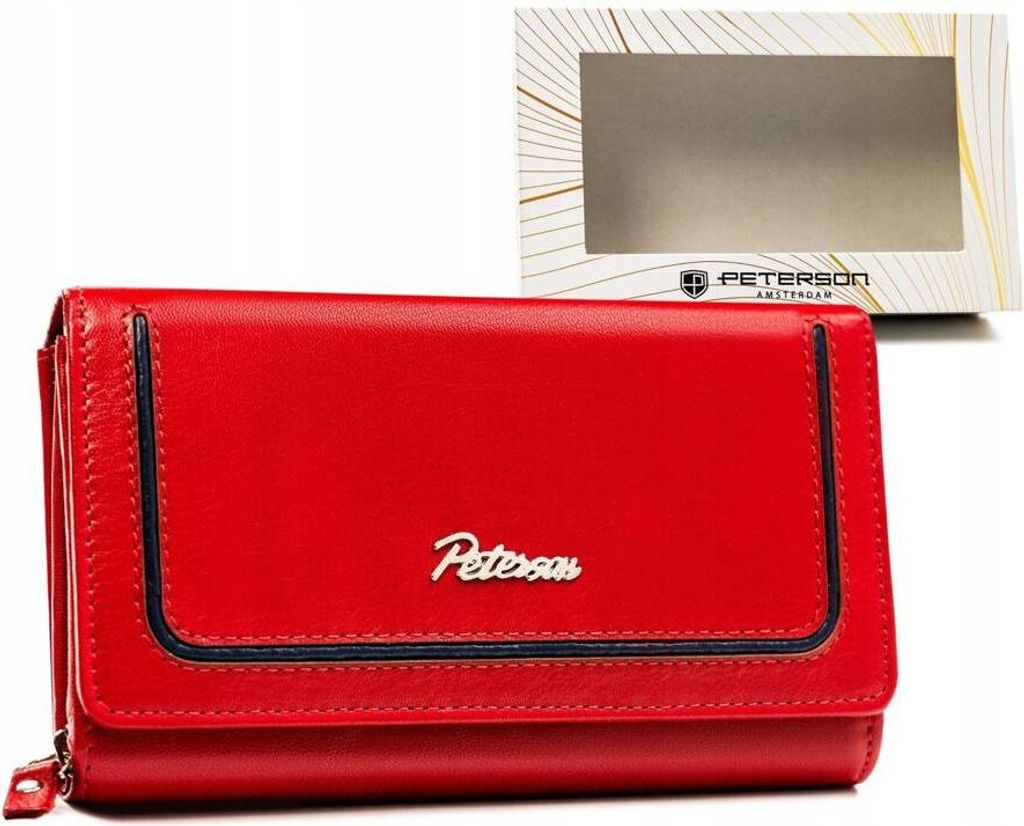 Peterson | Große Damengeldbörse, aus Naturleder, mit Druckknopf und Reißverschluss, Rot, 17x10 cm