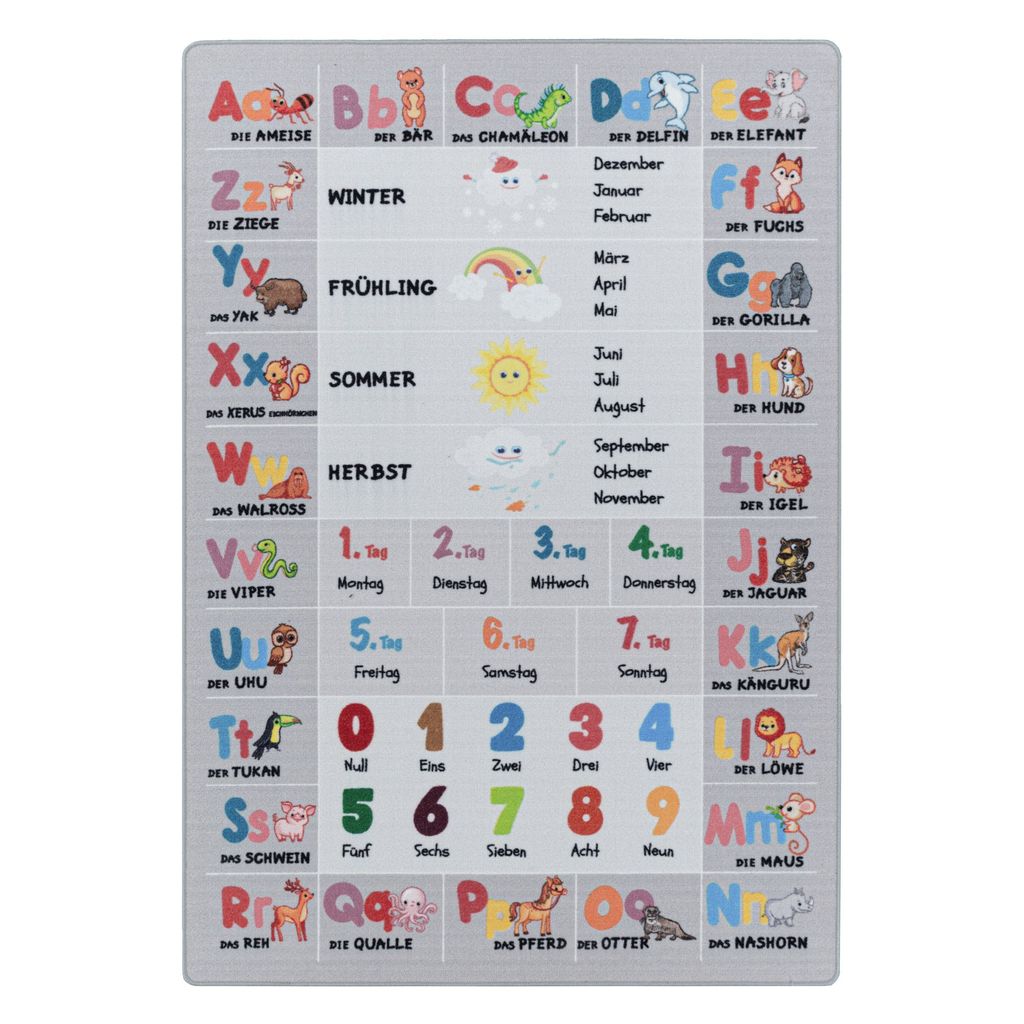 Buchstaben Zahlen Jahreszeiten Kinderteppich Kettelteppich Digital Druck GRAU