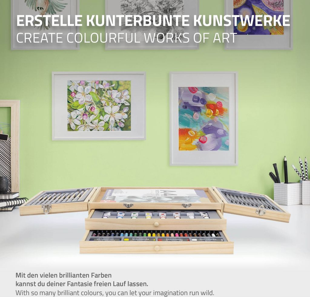 ECD Germany Malset mit Holzkoffer, 85-Teilig, 36x26x10 cm, Produktbild 5