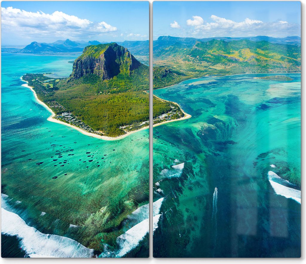 DEQORI Herdabdeckplatte Glas 2-tlg 'Mauritius aus der Luft' Herd Abdeckung Küche