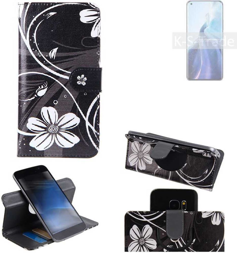K-S-Trade Schutzhülle Handyhülle kompatibel mit Xiaomi Mi 11 Pro Hülle 360° Wallet Case ''Flowers'' Klapphülle Hülle schwarz-weiß 1x