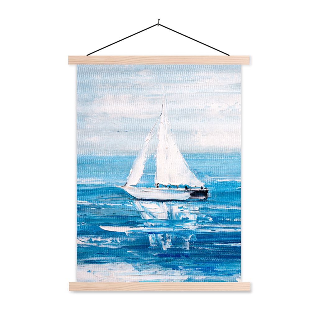 MuchoWow Textilposter Malerei - Ölfarbe - Boot - Wasser 120x160 cm mit holzfarbenen Rahmen - Plakatkarton