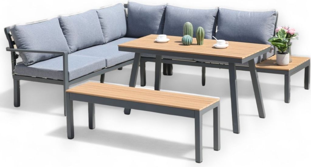 ALEOS. Gartenlounge Lounge Set aus Aluminium und echt Teakholz inklusive Bank Loungeecke Loungegarnitur Sitzgruppe Sofagarnitur Esstischlounge Bras...