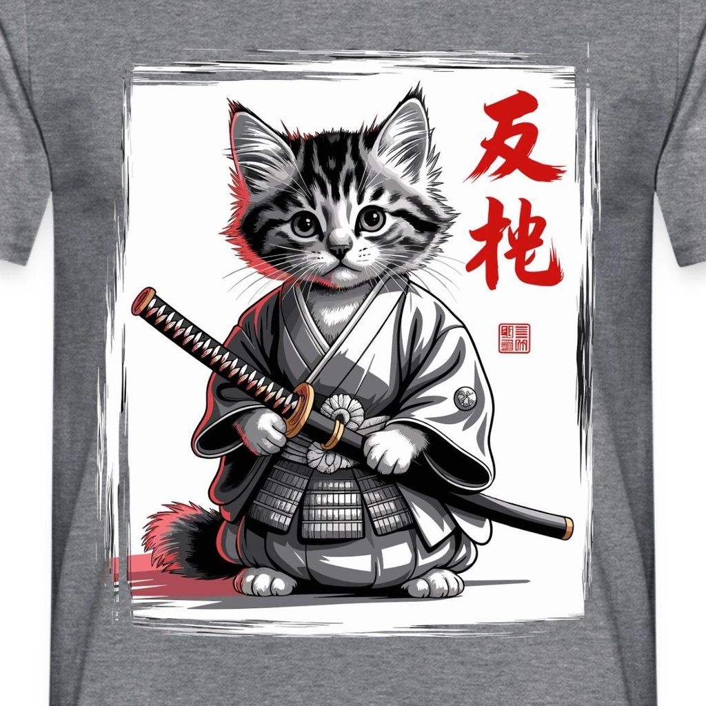 Spreadshirt Samurai Katze | Katze Im Japan-Look Männer T-Shirt, XXL, Graphit meliert