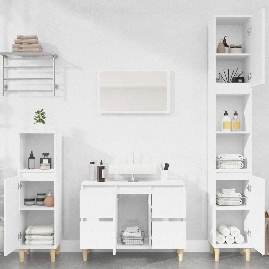 Badschrank Holzbeine Badezimmer Unterschrank Hochschrank Midischrank Badezimmermöbel 3-TLG. Badmöbel-Set Weiß Holzwerkstoff