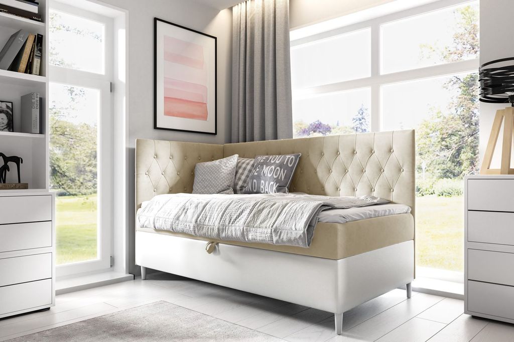 Kontinentales Bett 100x200 KAILI 3 – beige/weiß, links zu öffnen + GRATIS Matratzenauflage