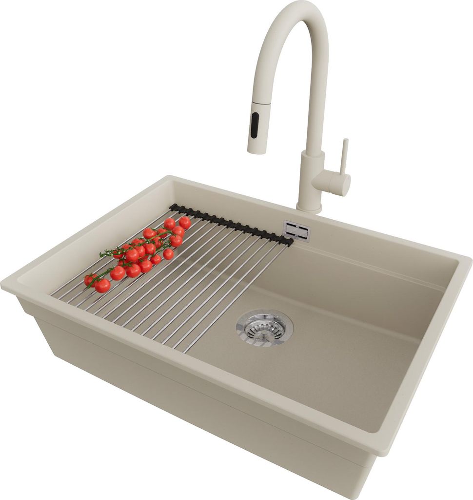 PRIMAGRAN Unterbauspüle Granit Beige 66x47cm, Spülbecken 1 Becken + Ablauf-Set + Küchenzubehörset, Granitspüle ab 70er Unterschrank - Praga