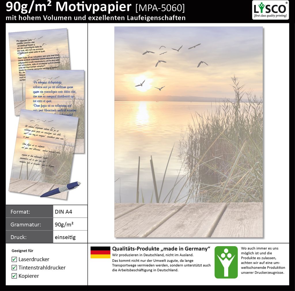 Motivpapier Briefpapier (See-5060, DIN A4 25 Blatt) Vögel am Himmel beim Sonnenuntergang über einem wunderschönen See mit Schilf am Ufer und ein...