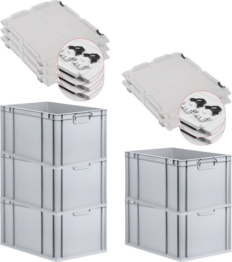 SuperSparSet 5x Eurobox NextGen Grip mit Scharnierdeckel und schwarzen Schiebeschnappverschlüssen | HxBxT 32x40x60cm | 65 Liter | Griffe geschloss...