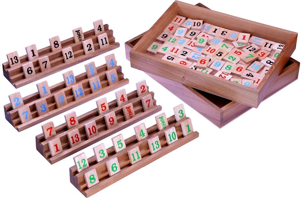Rummy Okey im Holzkasten – Legespiel aus Holz für 2 bis 4 Spieler
