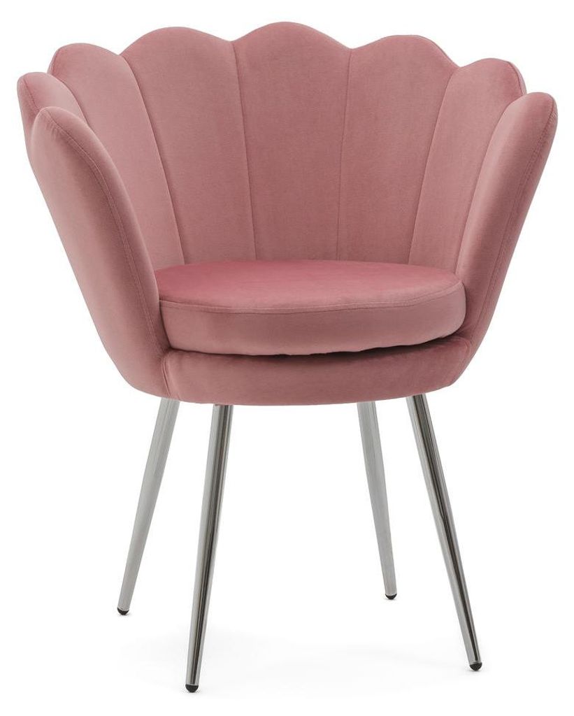 Rosa Stuhl SHELL CHROME mit silbernen Beinen für den Schminktisch, mit Veloursbezug