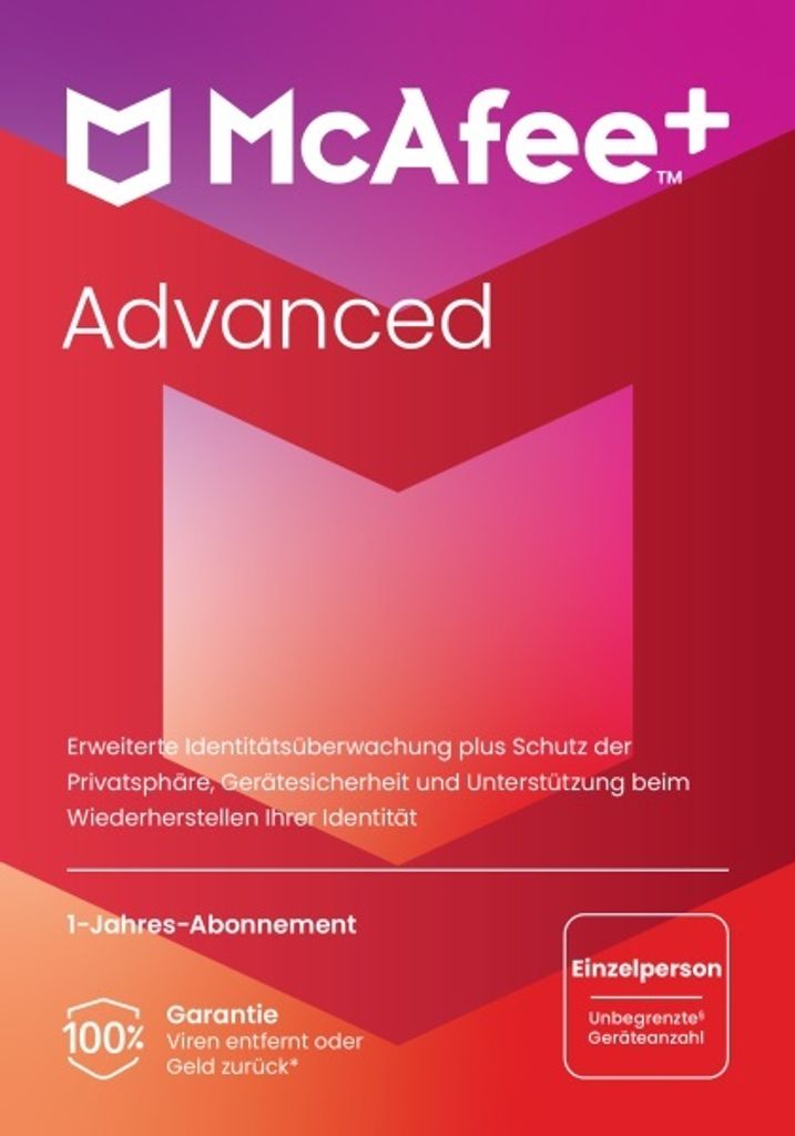 McAfee + Advanced - Individual, 1 Jahr, 1 lizenz, Windows/Mac OS/Android/iOS, 1 Lizenz(en), 1 Jahr(e), Code in einer Box