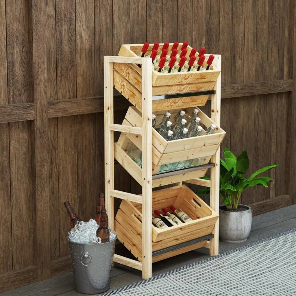 Fortuna Lai Scaffale per 3 casse di bevande Scaffale per bevande in legno Scaffale a 3 ripiani indipendente Supporto per casse di bevande con portata 150 kg Scaffale per birra, acqua 56 x 32 x 112 cm Legno naturale - 2