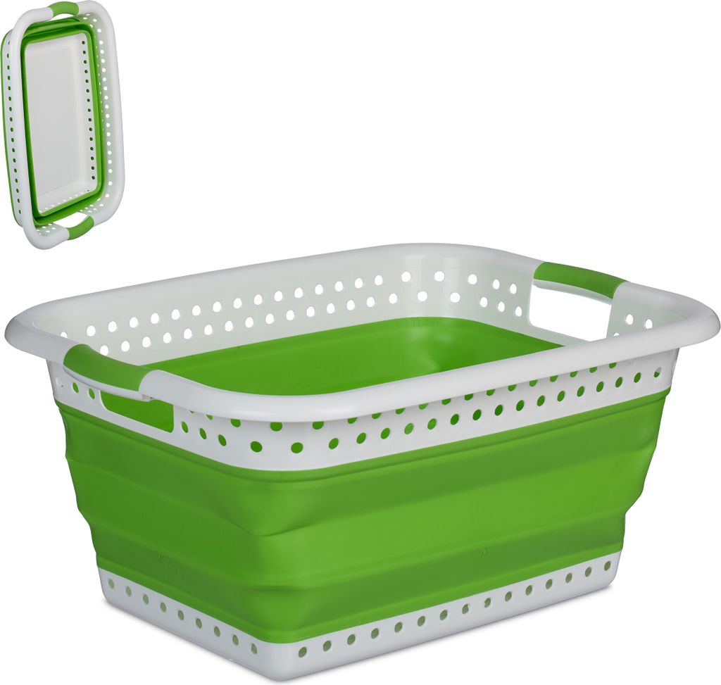 A collapsible laundry basket shown in its expanded state, with a smaller, folded version of the same basket in the upper left corner.