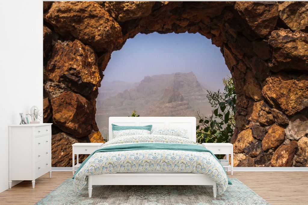 MuchoWow Fototapete für Wohnzimmer oder Schlafzimmer Wandtapete Vinyl Motivtapete Der Pico de la Nieves aus einem Fenster auf Gran Canaria - 295...
