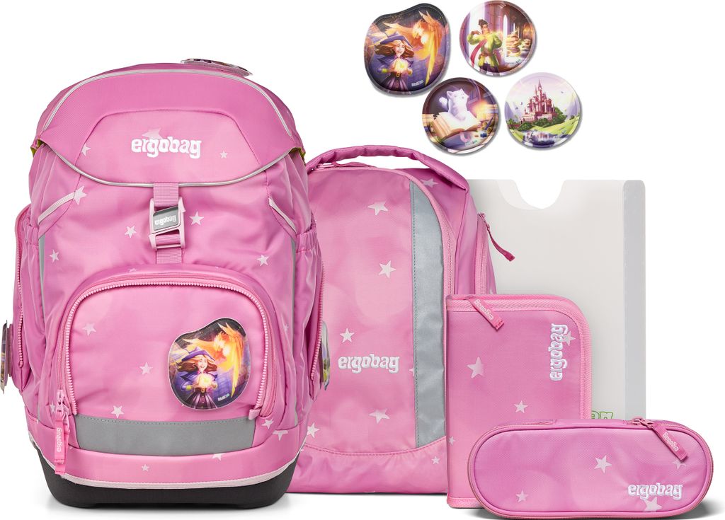 A pink school backpack set with matching accessories and decorative pins.
