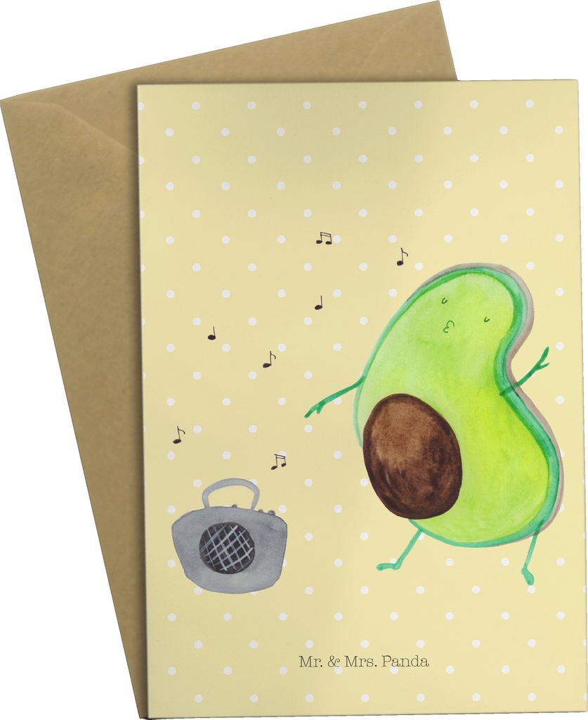 Mr. & Mrs. Panda Grußkarte Avocado Tanzen - Gelb Pastell - Geschenk, Fröhlich, babykarte, Singen, glückwunschkarten, weihnachtskarten, Party, Mu...
