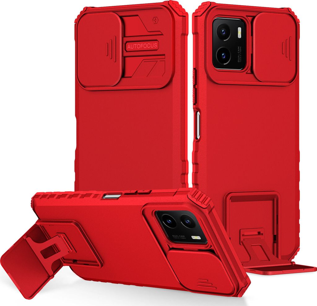 VIVO Y15S / Y15A Hülle, Dual Layer Ständer Schutzhülle mit Schiebe Kamera Schutz für VIVO Y15S / Y15A Rot