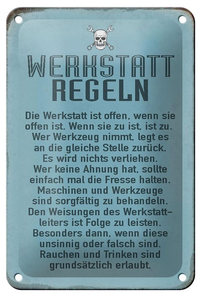 Blechschild Spruch 12x18cm Werkstatt Regeln Werkstatt Produktbild 