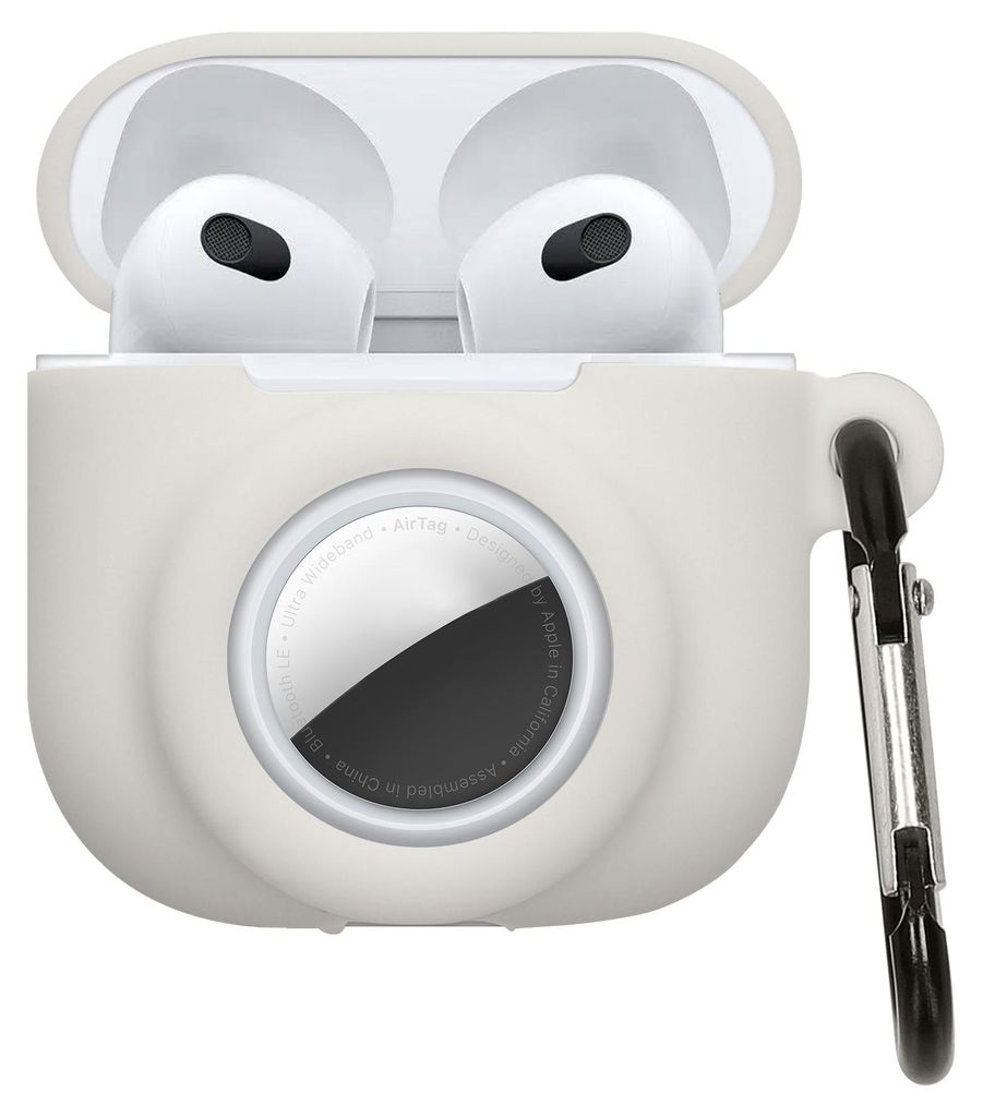 kwmobile 2-in1 Schutzhülle für Apple Airpods 4 Hülle - Kopfhörer Silicon Case kompatibel mit AirTag - stoßfestes Cover mit Karabiner - Weiß