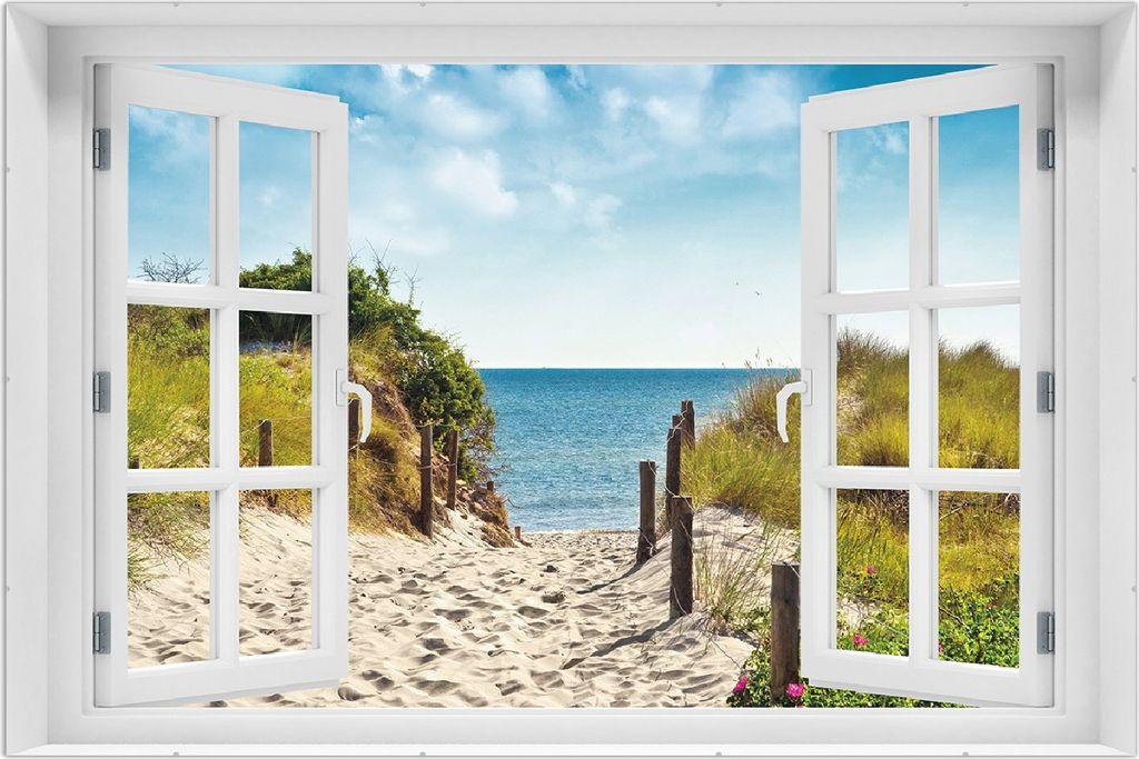 Wallario Wandbild mit Fenster-Illusion: Auf dem Sandweg zum Strand, Größe: 61 x 91,5 cm, Poster mit rahmenlosen Bildhalter