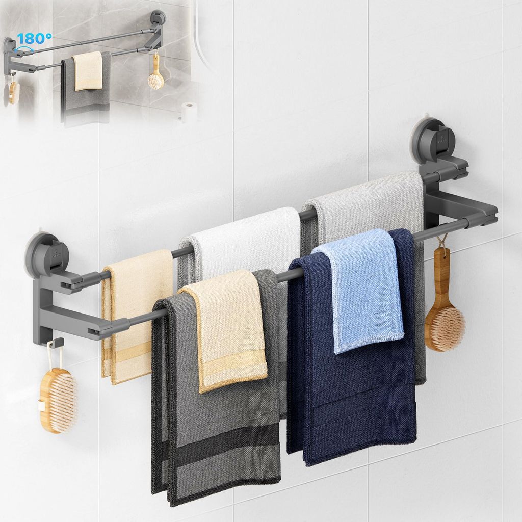 Handtuchhalter Saugnapf ohne Bohren Bad Handtuchstange Doppelt für Duschwand ohne Kleben Towel Holder mit 2 Handtuchhaken und Verstellbare Länge ...