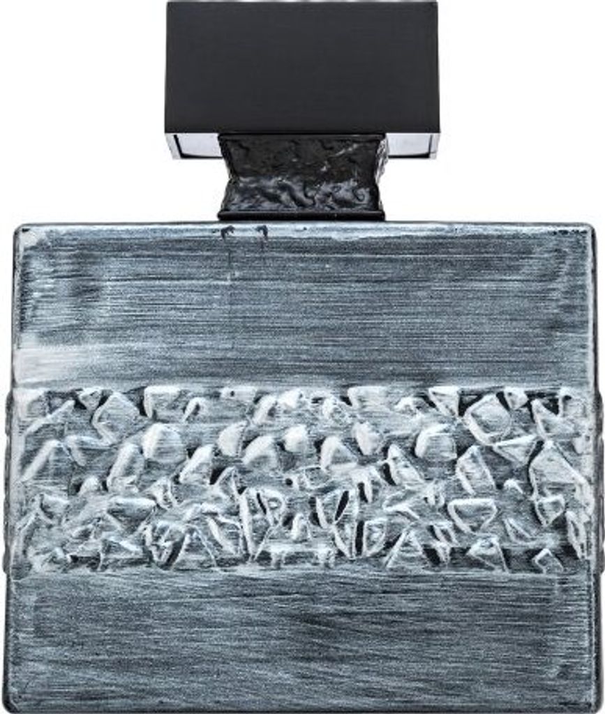 A front view of a perfume bottle with a textured silver body and a black cap.