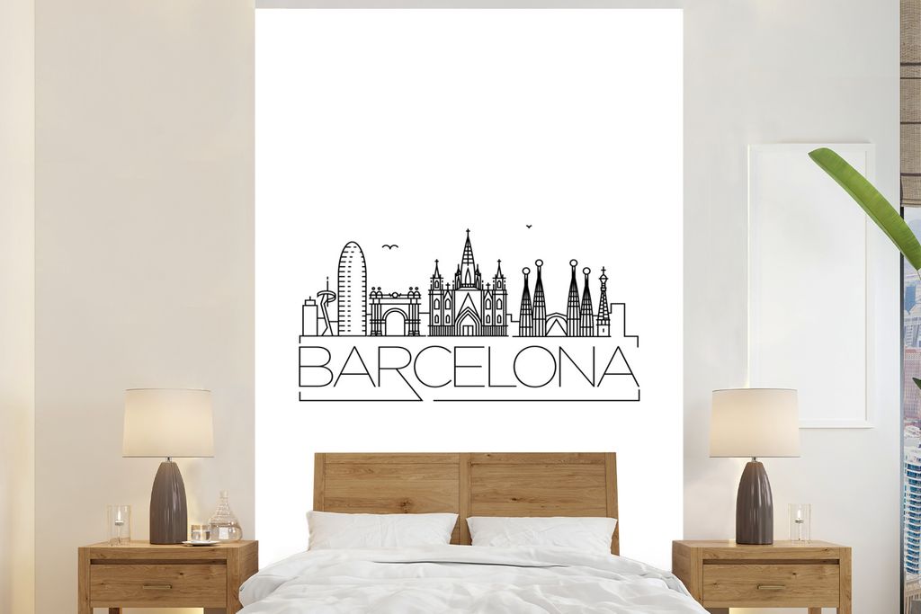 MuchoWow Fototapete für Wohnzimmer oder Schlafzimmer Wandtapete Vinyl Motivtapete Skyline von Barcelona" auf weißem Hintergrund - 170x260 cm - ...