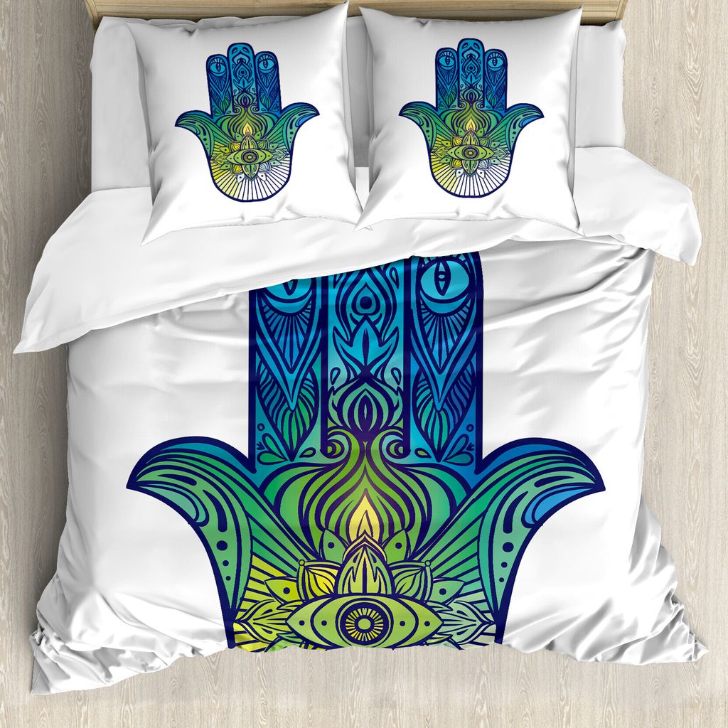 ABAKUHAUS Evil Eye Bettbezug, Beschwingt, Milbensicher Allergiker geeignet mit Kissenbezügen, 155 cm x 220 cm - 80 x 80 cm, Blau, Grün, Gelb