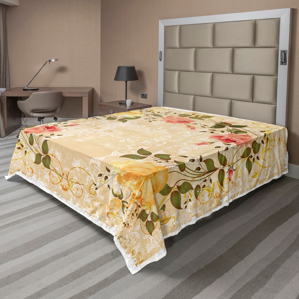 ABAKUHAUS Jahrgang Bettlaken, Ovale Form Floral Crown mit Blättern und Rosen über Damast Motiv Shabby Boho, weiches bequemes oberes Bettlaken fü...